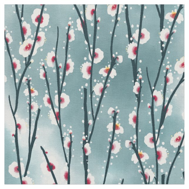 Spring Plum Blossom Floral Pattern Fabric (Close Up)