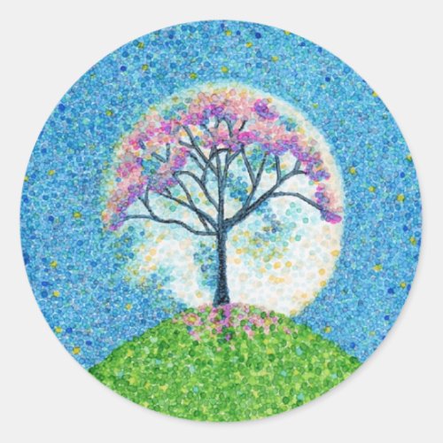 Spring Pointillism Tree Moon Classic Round Sticker