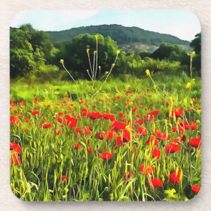 Spring Poppies Meadow and Mountain Landscape Beverage Coaster
