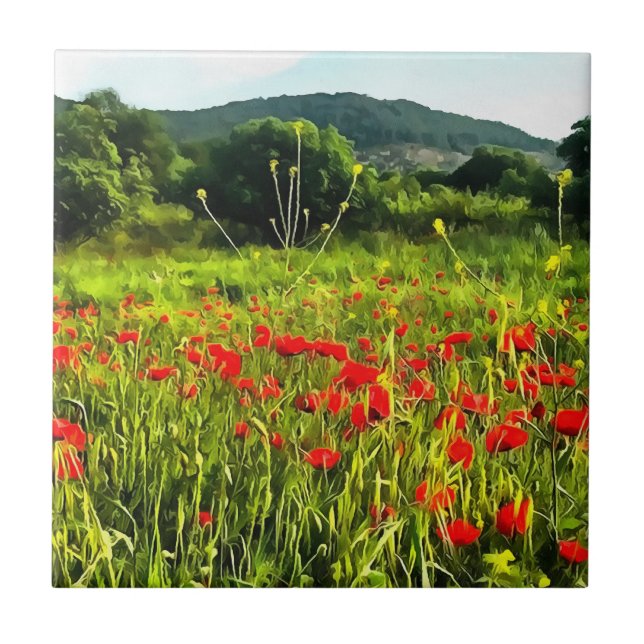 Spring Poppies Meadow and Mountain Landscape Ceramic Tile (Front)