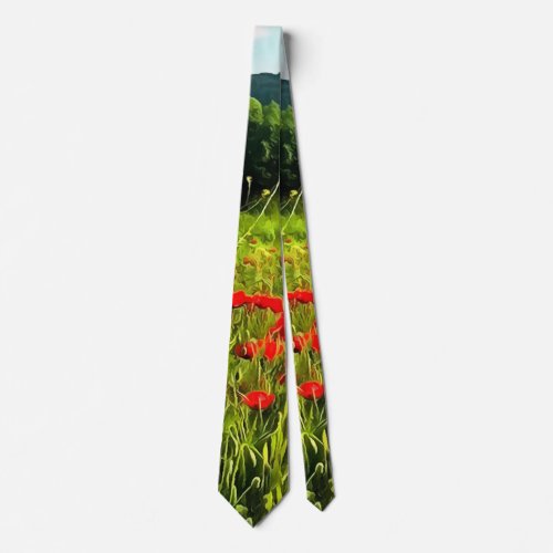 Spring Poppies Meadow and Mountain Landscape Neck Tie