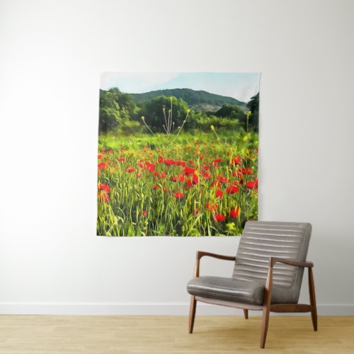 Spring Poppies Meadow and Mountain Landscape Tapestry