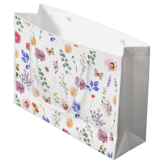 Spring Pressed Wild Flowers Butterfly White Large Gift Bag (Front Angled)