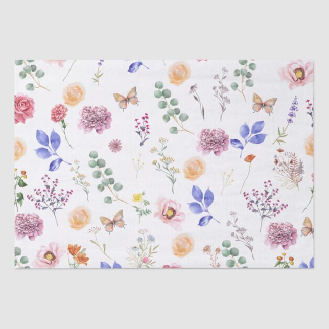 Spring Pressed Wild Flowers Butterfly White Tissue Paper (Front)