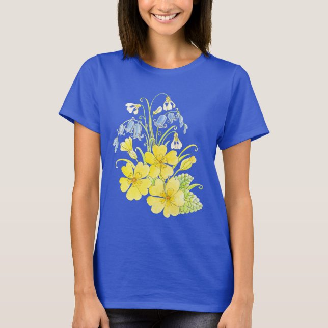 Spring primrose snowdrop bluebell art t-shirt (Front)