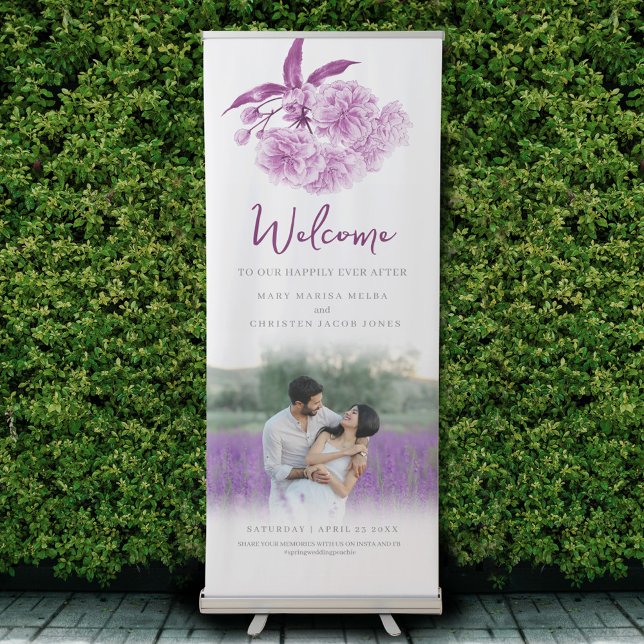 Spring purple blossom photo wedding welcome poster retractable banner (Creator Uploaded)