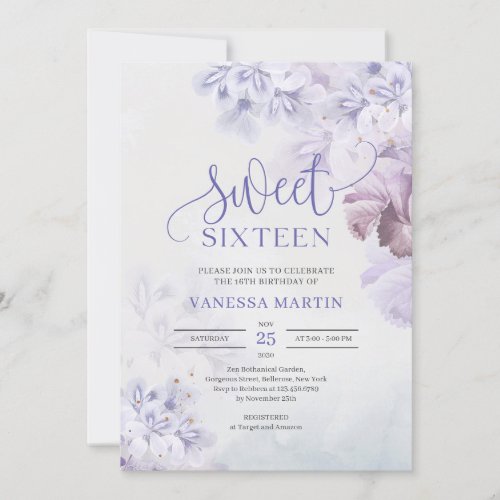 Spring purple dusty blue mauve boho Sweet sixteen Invitation