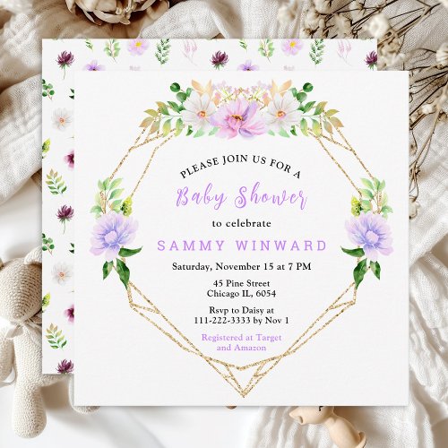 Spring Purple Floral Baby Shower Invitation