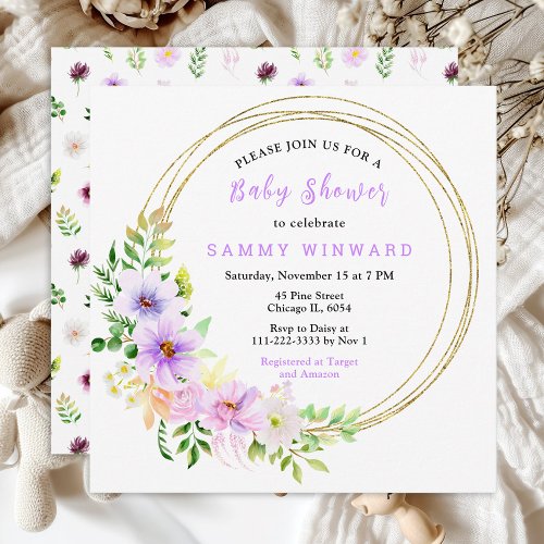 Spring Purple Floral Baby Shower Invitation