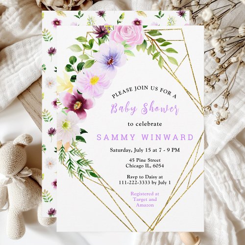 Spring Purple Floral Baby Shower Invitation