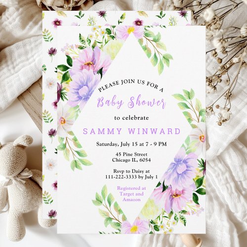 Spring Purple Floral Baby Shower Invitation