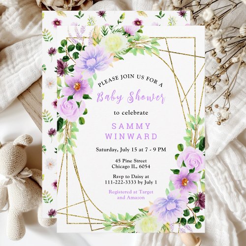 Spring Purple Floral Baby Shower Invitation