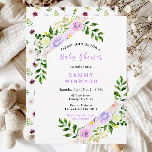 Spring Purple Floral Baby Shower Invitation