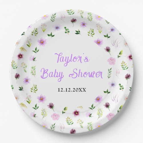 Spring Purple Floral Baby Shower Paper Plates