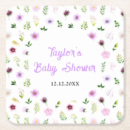 Spring Purple Floral Baby Shower Square Paper Coaster