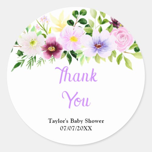 Spring Purple Floral Baby Shower Thank You Classic Round Sticker