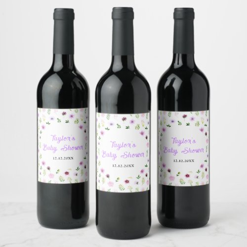 Spring Purple Floral Baby Shower Wine Label