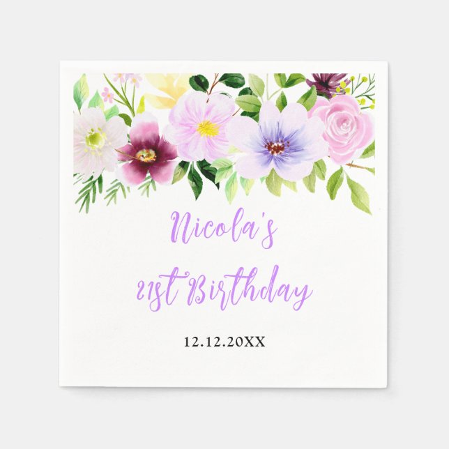 Spring Purple Floral Birthday Napkins (Front)