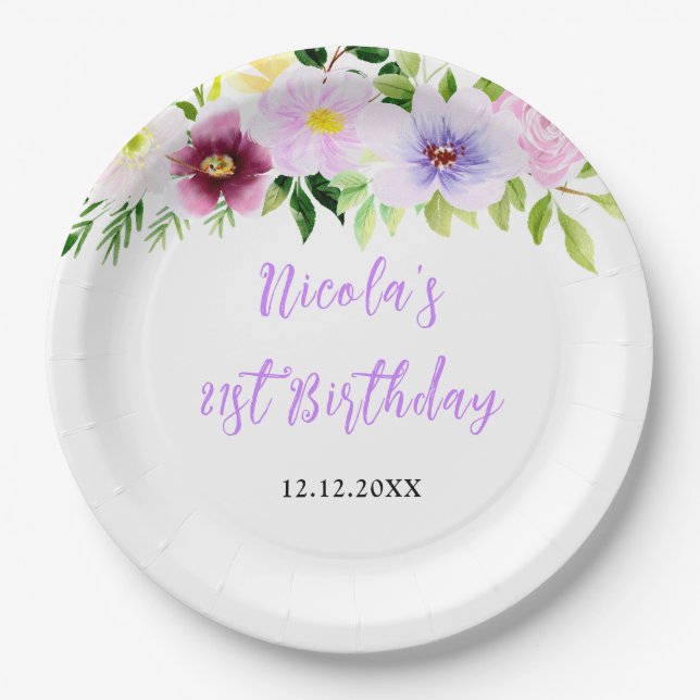 Spring Purple Floral Birthday Paper Plates (Front)