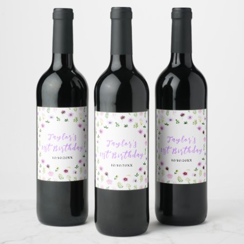 Spring Purple Floral Birthday Wine Label