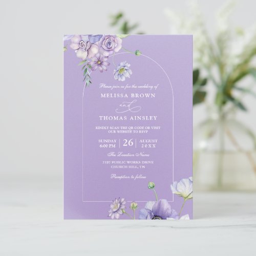 Spring Purple Floral Rustic Budget QR Code Wedding Invitation