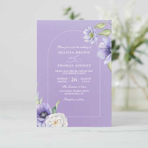 Spring Purple Floral Rustic Budget QR Code Wedding Invitation