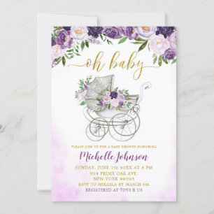 Spring Purple Floral Stroller Baby Shower Invitation