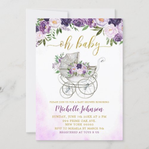 Spring Purple Floral Stroller Baby Shower Invitation
