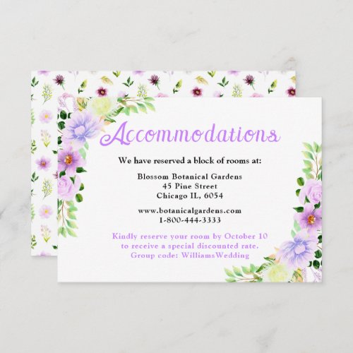 Spring Purple Floral Wedding Accommodations Enclosure Card
