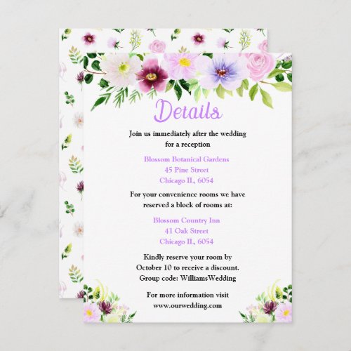 Spring Purple Floral Wedding Details Enclosure Card