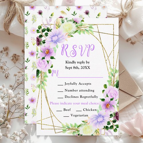 Spring Purple Floral Wedding Meal Choice RSVP Card