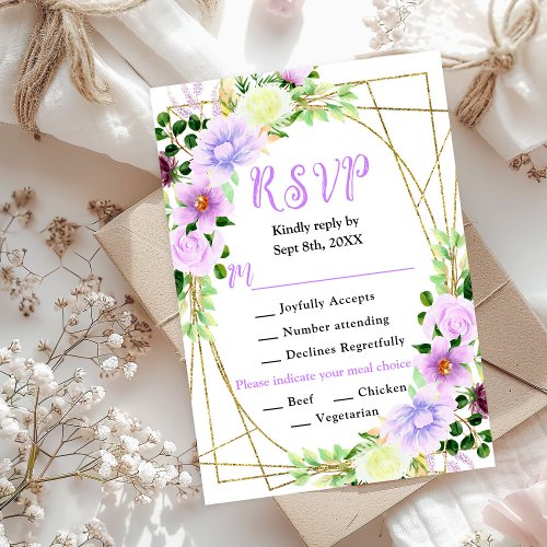 Spring Purple Floral Wedding Meal Choice RSVP Card