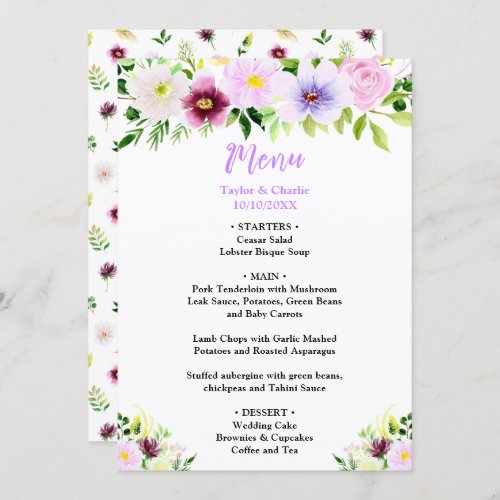 Spring Purple Floral Wedding Menu