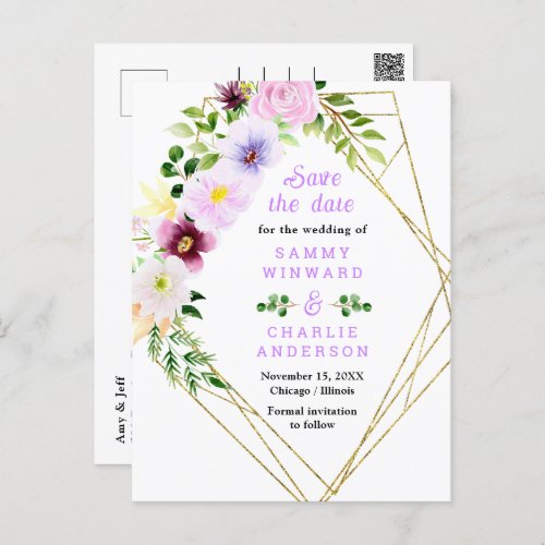 Spring Purple Floral Wedding Save The Date Postcard