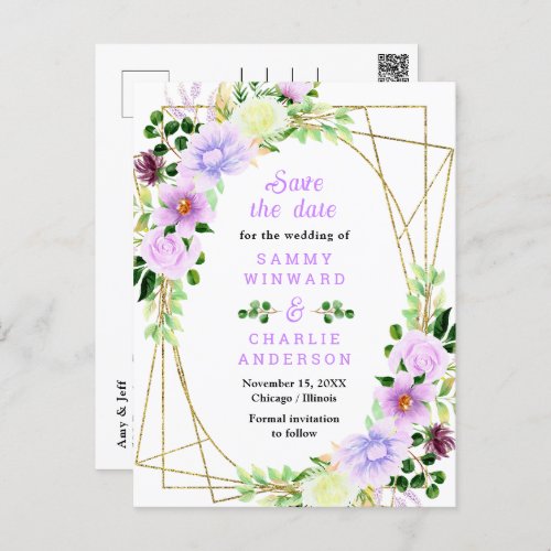 Spring Purple Floral Wedding Save The Date Postcard