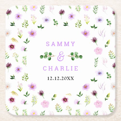 Spring Purple Floral Wedding Square Paper Coaster