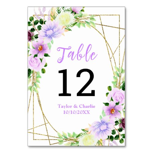 Spring Purple Floral Wedding Table Number