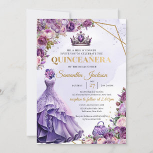 Spring purple flowers Formal Dress Quinceanera Invitation