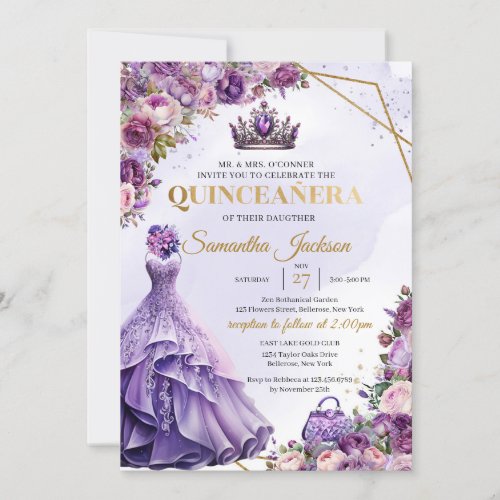 Spring purple flowers Formal Dress Quinceanera  Invitation
