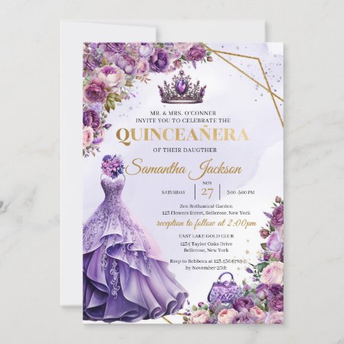 Spring purple flowers Princess Dress Quinceanera  Invitation