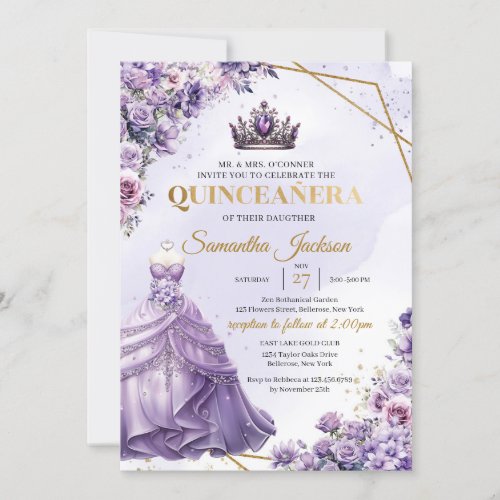 Spring purple flowers Princess Dress Quinceaera Invitation