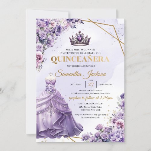 Spring purple flowers Princess Dress Quinceaera Invitation