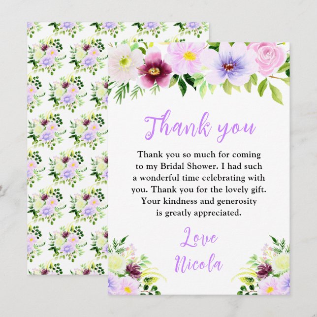 Spring Purple Flowers with Foliage Bridal Shower Thank You Card (Front/Back)