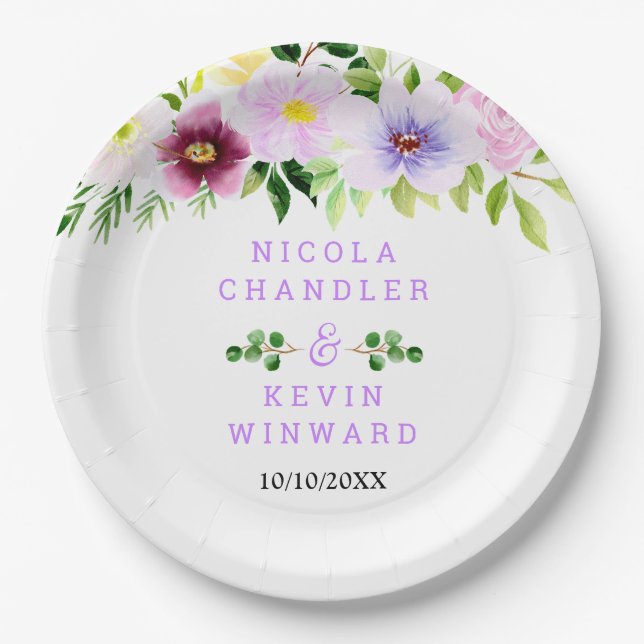 Spring Purple Flowers with Foliage Paper Plates (Front)