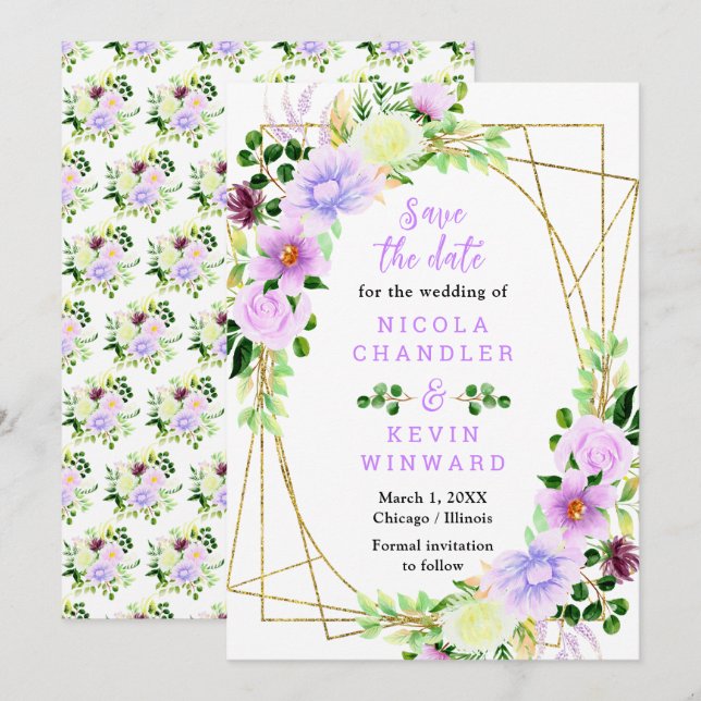 Spring Purple Flowers with Foliage Save The Date (Front/Back)