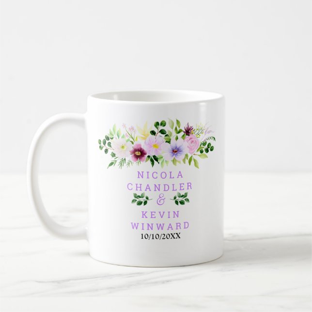 Spring Purple Flowers with Foliage Wedding Coffee Mug (Left)