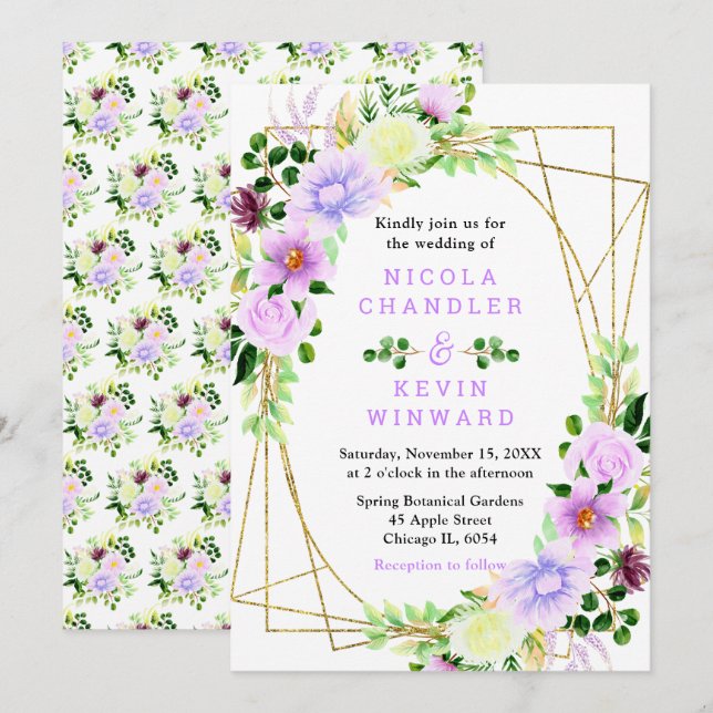 Spring Purple Flowers with Foliage Wedding Invitation (Front/Back)