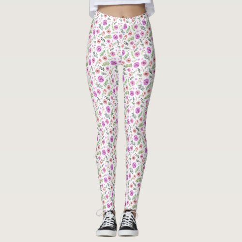 Spring Purple  Pink Floral Botanicals Leggings