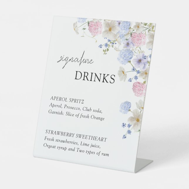 Spring Purple Pink Wildflowers Wedding Bar Menu Pedestal Sign (Front)