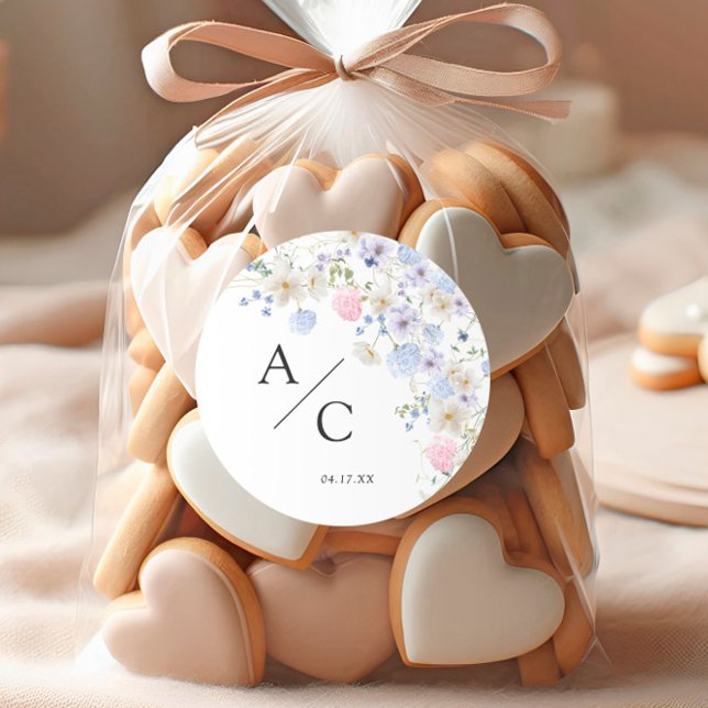 Spring Purple & Pink Wildflowers Wedding Classic Round Sticker (Creator Uploaded)